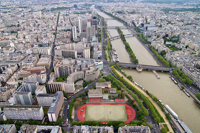 Image of Paris with Seine river, bridges and stadium
