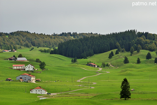 Photographie des fermes sur le plateau de Bellecombe dans le Haut Jura