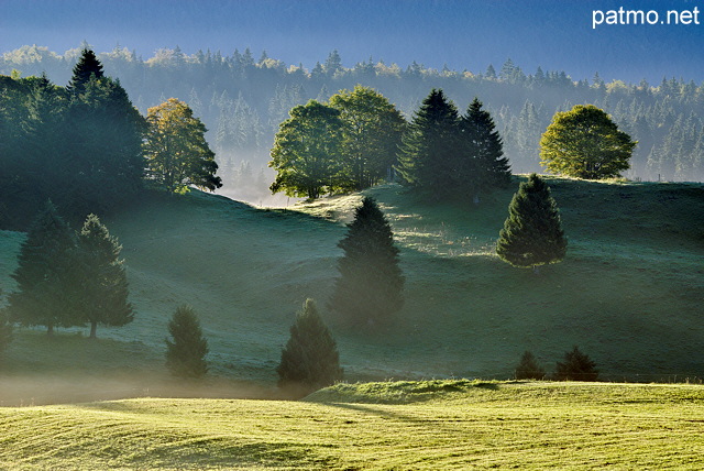 Image of a misty sunrise on Bellecombe plateau in french Jura