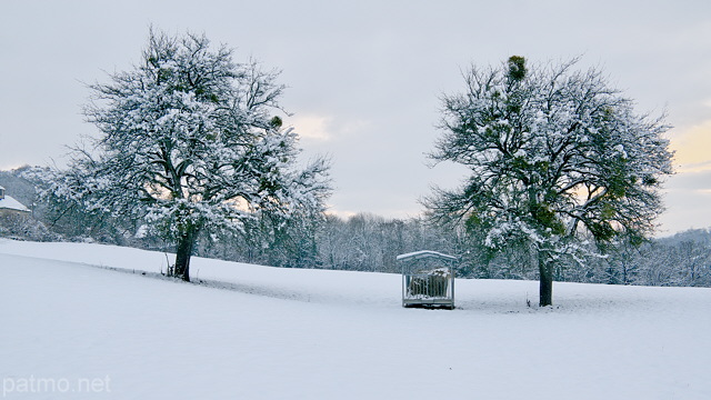 Photographie d'un paysage rural enneig en Haute Savoie