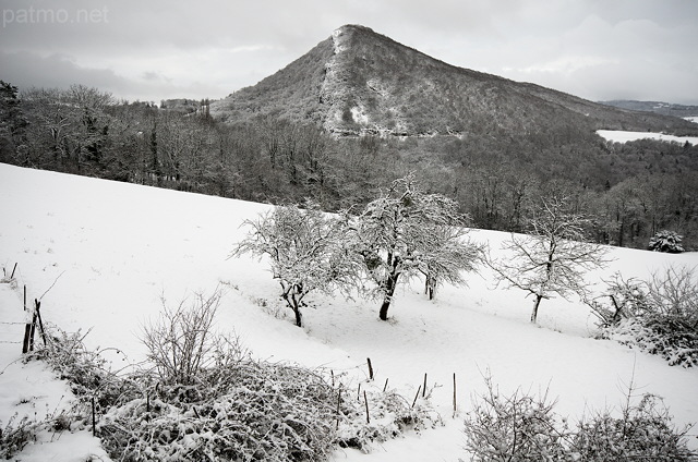 Photographie d'un paysage rural enneigé devant le Mont de Musièges