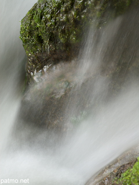 Photo d'une pierre recouverte de mousse et entoure par les eaux vives du torrent du Fornant