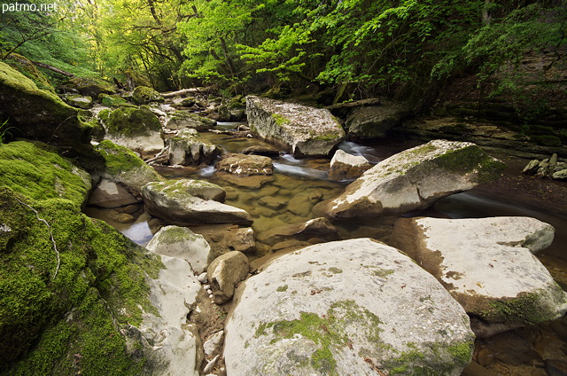 Photo of the springtime between boulders and trees along Seran river