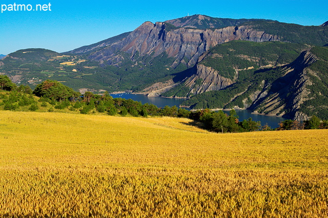 Photo d'un paysage d'agriculture en montagne autour du Lac de Serre Ponçon dans les Hautes Alpes