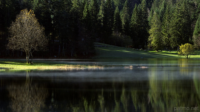 Image d'un paysage  d'automne sur le lac Gnin dans le Bugey