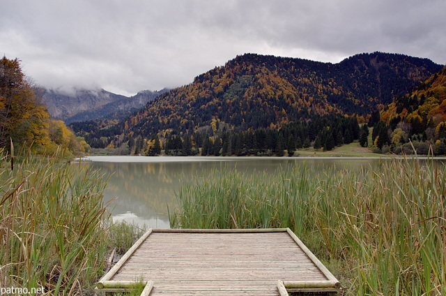 Photographie d'un ponton dans les roseaux au bord du lac de Vallon  Bellevaux