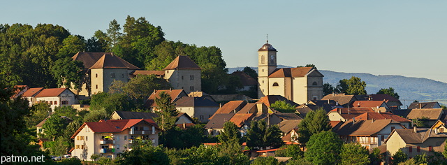 Panoramic image of Clermont en Genevois village with church and castle