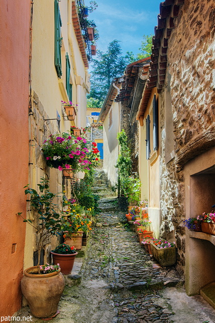 Image of a narrow  and colorful street in Collobrieres village - Provence
