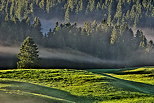 Photographie du plateau de Bellecombe sous le brouillard et le soleil