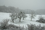 Image de la campagne de Haute Savoie pendant des chutes de neige
