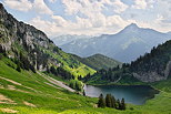 Landscape of the french Alps near Abondance with Arvouin lake and Mont de Grange