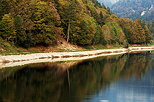 Photographie d'arbres colors par l'automne sur les bords du lac de Montriond