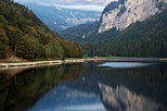 Photo of an autumn evening landscape around the lake in Montriond