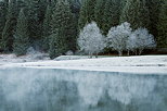 Photograph of the white frost around Genin lake by an autumn morning