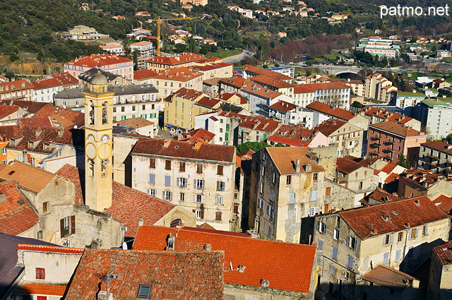 Photo of bell tower and roofs of Corte seen from the citadel