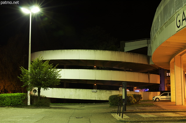 Night view of Galeries Lafayette parking in Annecy