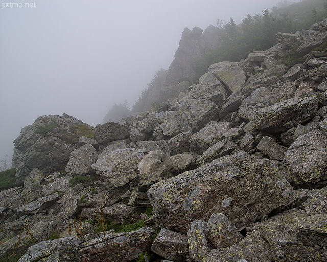 Picture of boulders and mist on Lauziere mountain in Ardeche