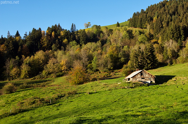 Photograph of an alpine cabin and meadows near Barman pass in Parmelan moutain