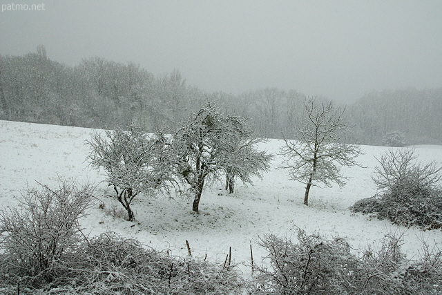 Image de la campagne de Haute Savoie pendant des chutes de neige