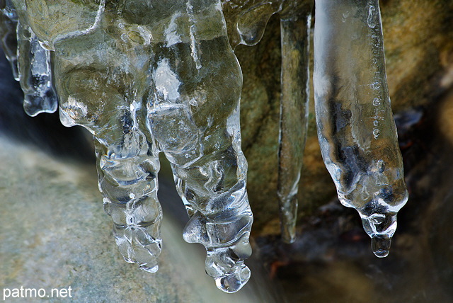 Image de glaçons suspendus dans la rivière du Fornant en Haute Savoie