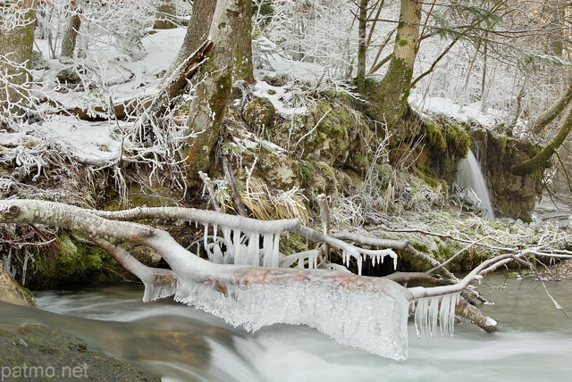 Photographie de stalactites de glace dans un ruisseau du Massif des Bauges en hiver