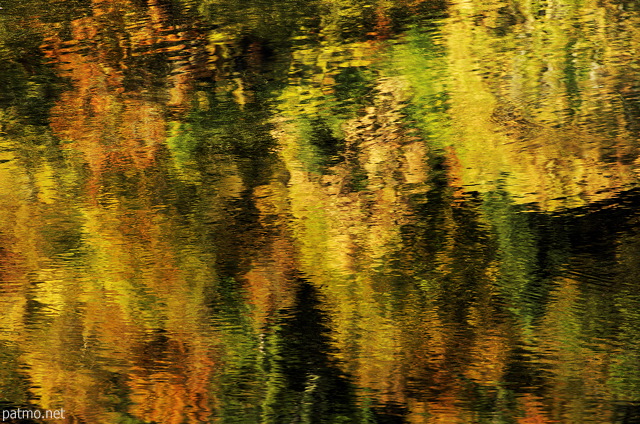 Photograph of an autumn forest reflecting on the water of Montriond lake in Haute Savoie