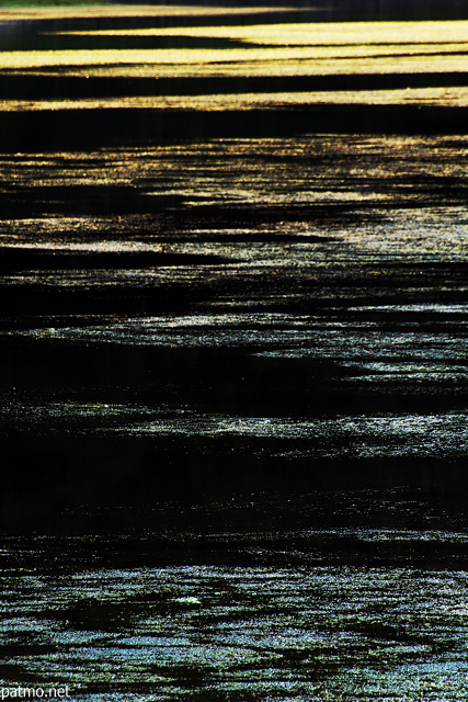Photo de lumières dorées et argentées sur l'eau du lac de Montriond