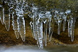 Photographie de stalactites de glace suspendues au dessus du ruisseau du Fornant en Haute Savoie