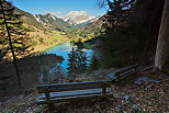 Photo of benches with a view on Vallon lake and Roc d'Enfer mountain